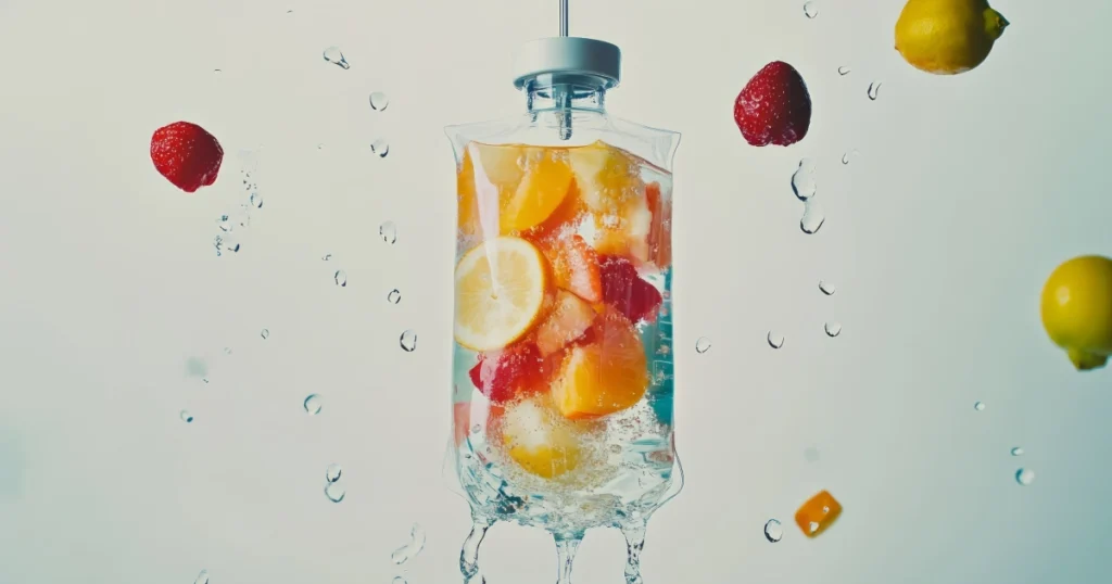 IV Hydration in Memphis, TN shown with an IV bag containing fruit slices and water droplets surrounded by floating fruits.