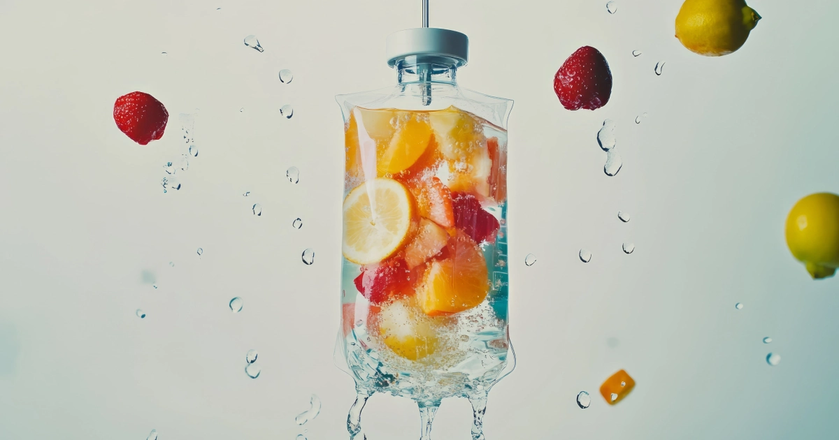IV Hydration in Memphis, TN shown with an IV bag containing fruit slices and water droplets surrounded by floating fruits.